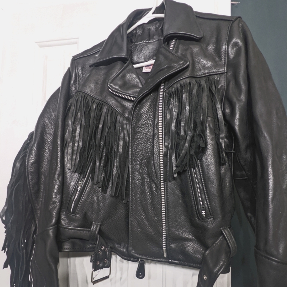 Vintage 90's Insulated Branded Leather Fringe Jacket Size 10